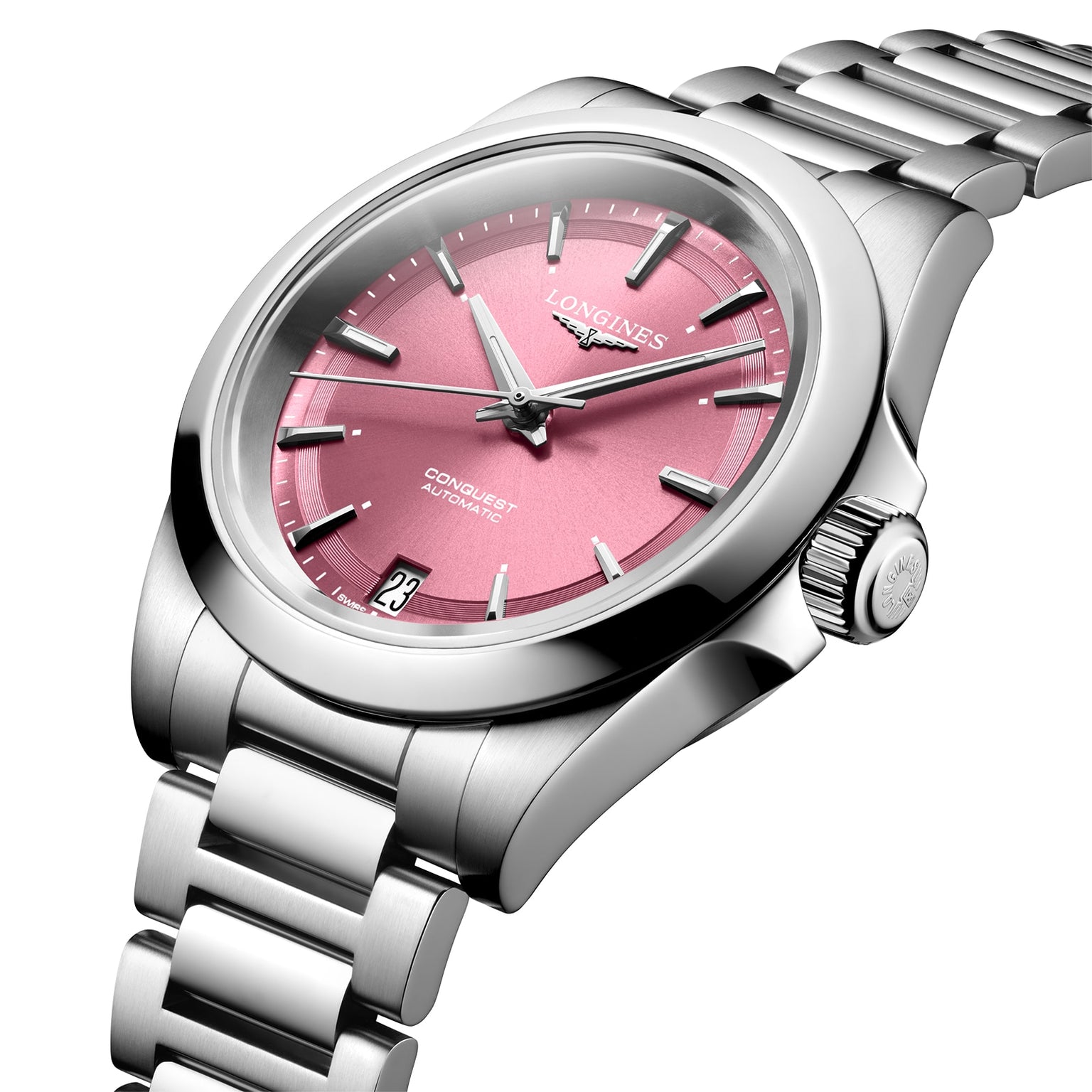 The Longines Conquest features a stainless steel case, metallic pink dial with silver hour markers, date display at 6 o’clock, and automatic self-winding movement.