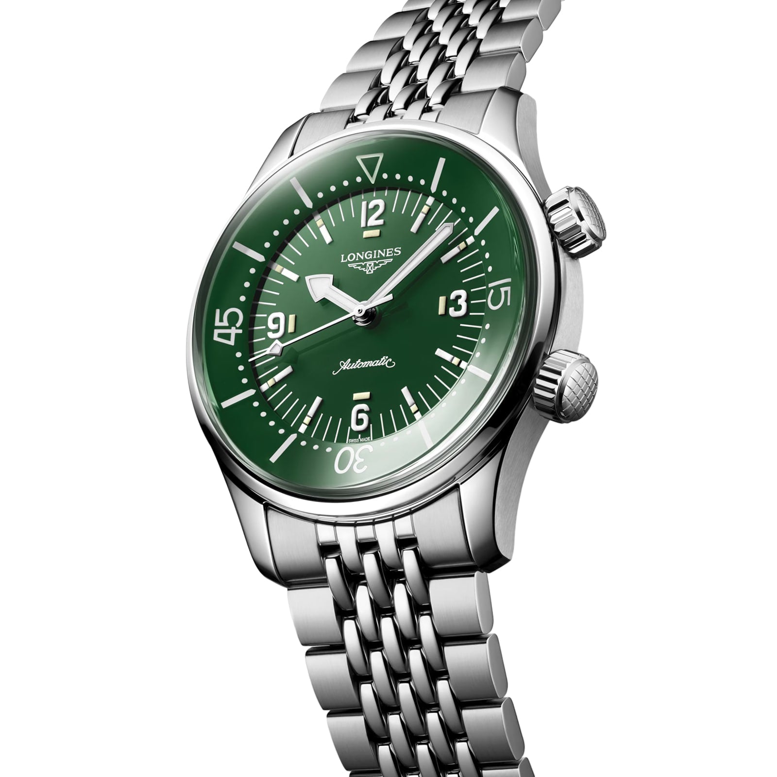 The Longines Legend Diver stainless steel wristwatch features a green dial with white markers and a metal link bracelet, showcased on white—blending elegance and high-performance precision.
