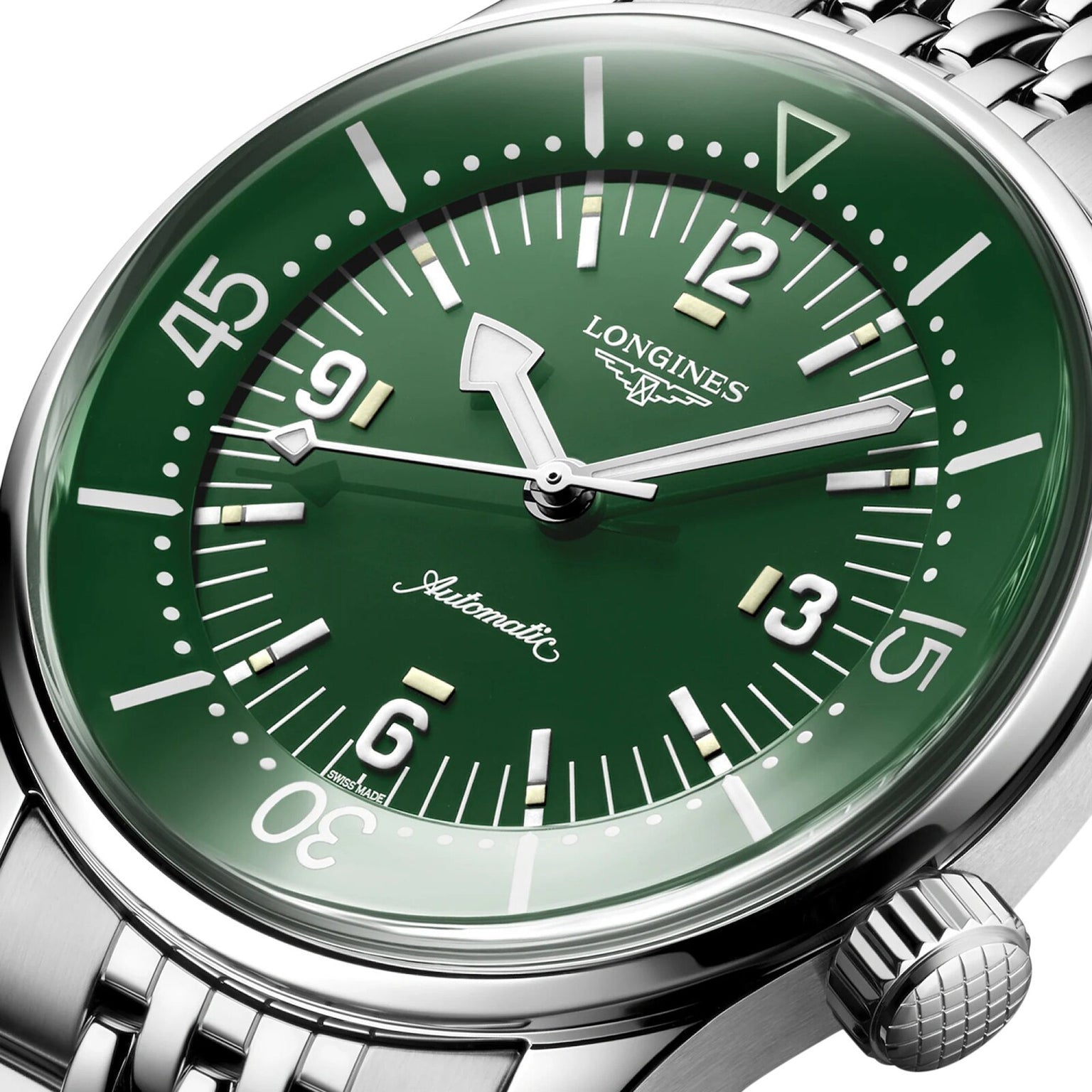 Close-up of the Longines Legend Diver automatic wristwatch, featuring a green dial with white numerals and a stainless steel bracelet—an elegant fusion of style and performance.
