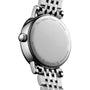 Close-up of the back of a Longines Elegant Collection Moonphase stainless steel wristwatch, featuring engraved model and serial numbers, and a metal link bracelet.