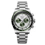 The Longines Conquest Chronograph is a stainless steel watch with a self-winding movement, green bezel and subdials, and a silver bracelet, shown on a white background.