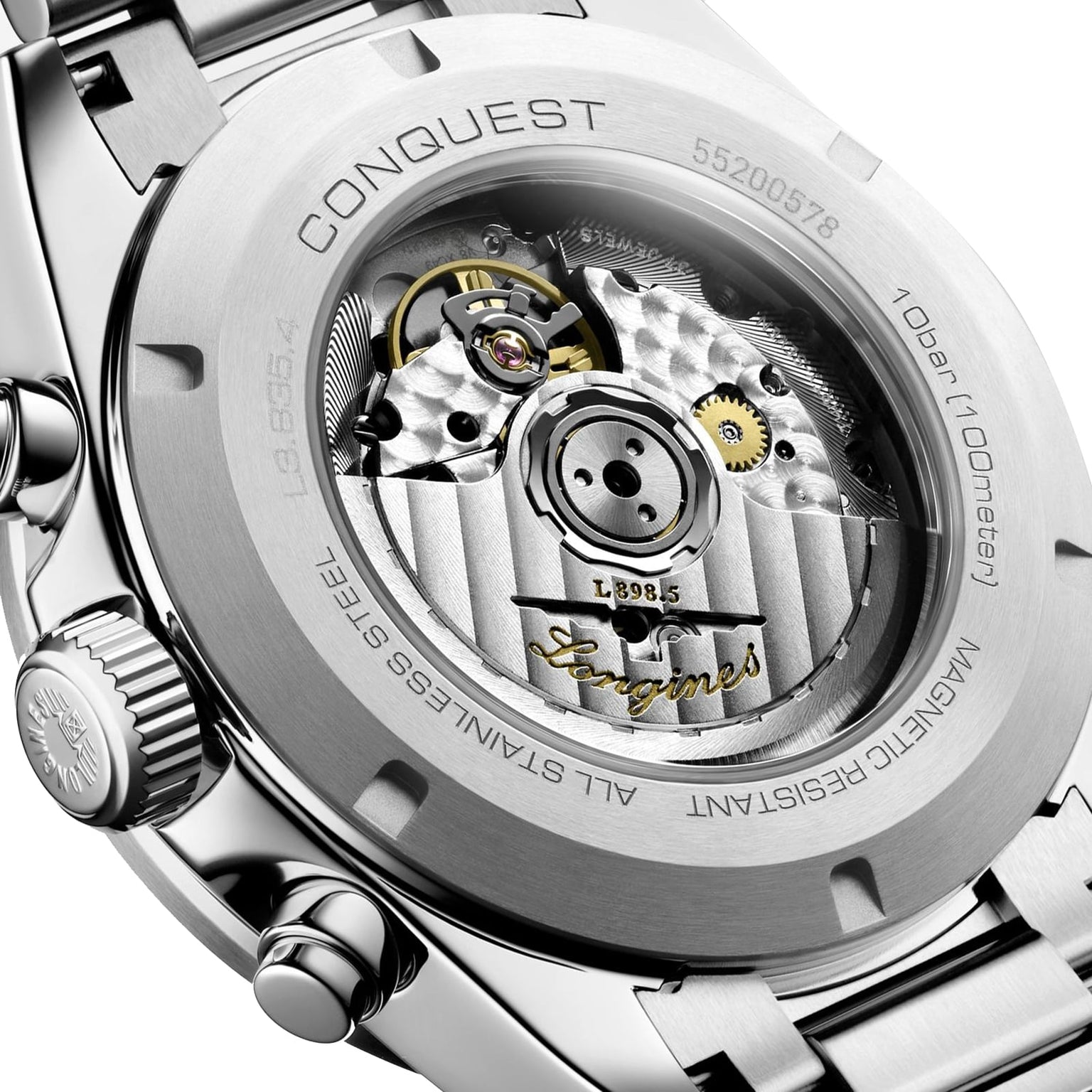 Close-up of a Longines Conquest Chronograph, showcasing its stainless steel case and transparent back that reveals the self-winding movement.