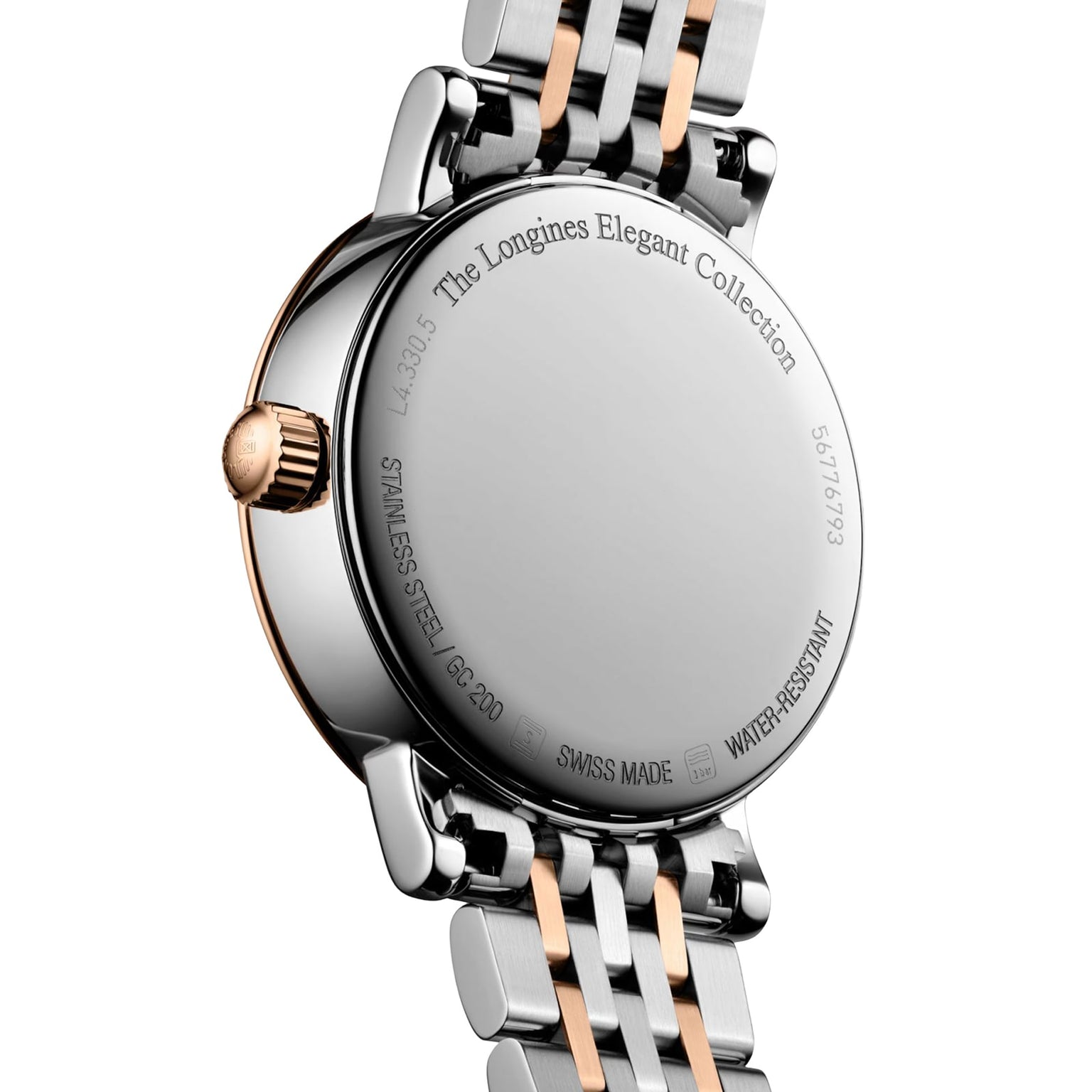 Close-up of the back of a Longines Elegant Collection Moonphase watch, featuring a stainless steel case, two-tone bracelet, and engraved details—a refined timepiece that unites timeless design with the beauty of Longines craftsmanship.