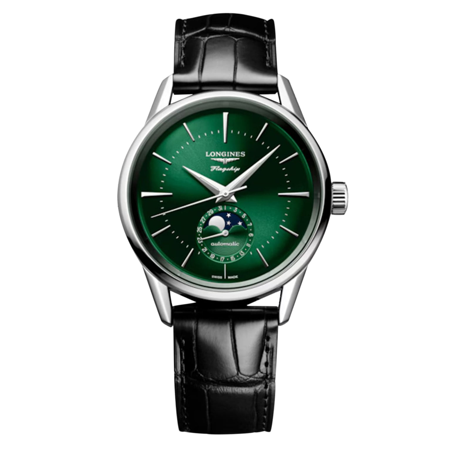 The Longines Flagship Heritage Moonphase features a green dial, moonphase display, silver hands and hour markers, and a black leather strap—blending timeless elegance with precision.