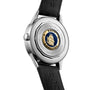 The Longines Flagship Heritage Moonphase features an elegant stainless steel caseback engraved with a ship emblem, gold accents, and inscriptions of “Flagship” and “Swiss Made.”.