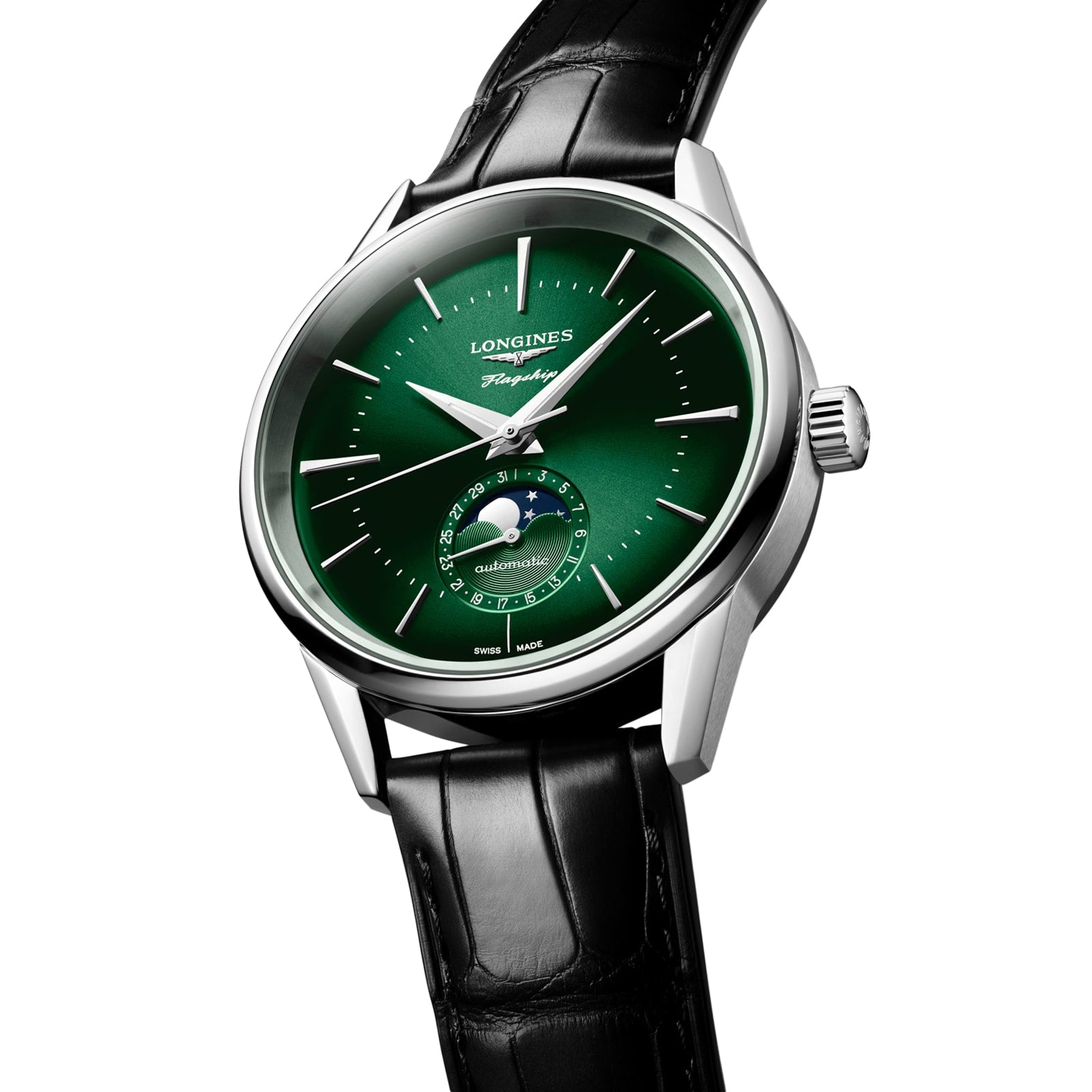 The Longines Flagship Heritage Moonphase features a green dial, silver hour markers, moon phase subdial, black leather strap, and stainless steel case—combining precision with classic elegance.