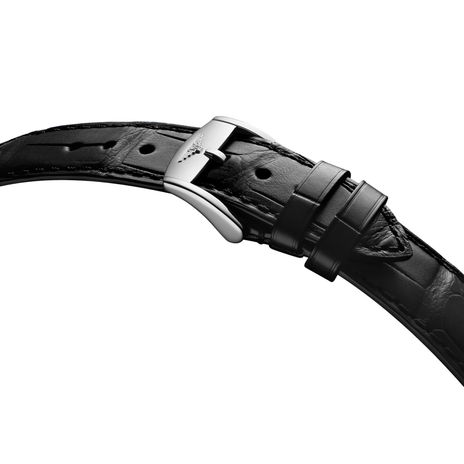 Close-up of the Longines Flagship Heritage Moonphase black leather strap with silver buckle and two loops, highlighting its elegance and precise craftsmanship on a white background.