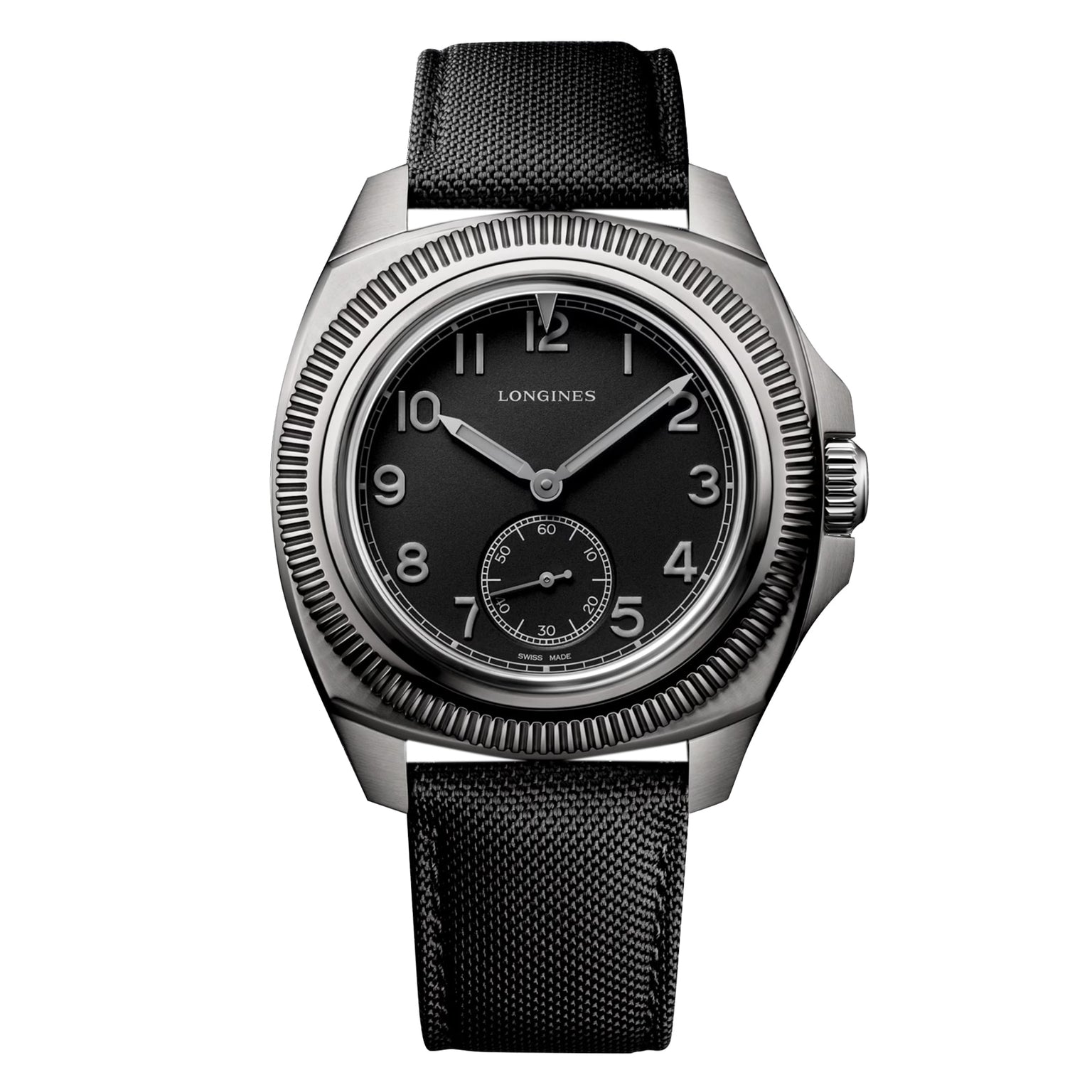 The Longines Pilot Majetek Pioneer Edition features a black dial with Arabic numerals, small seconds at 6 o’clock, a robust stainless steel case, black textured strap, and an advanced silicon balance-spring for enduring precision.