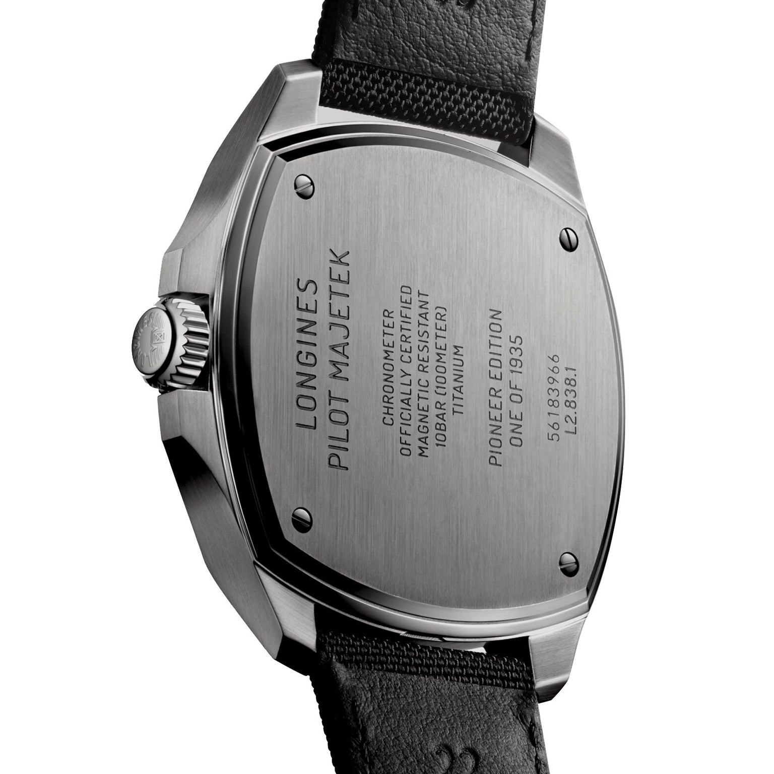 Close-up of the Longines Pilot Majetek Pioneer Edition watch, showcasing engraved details on its Grade 5 titanium case and a black leather strap.