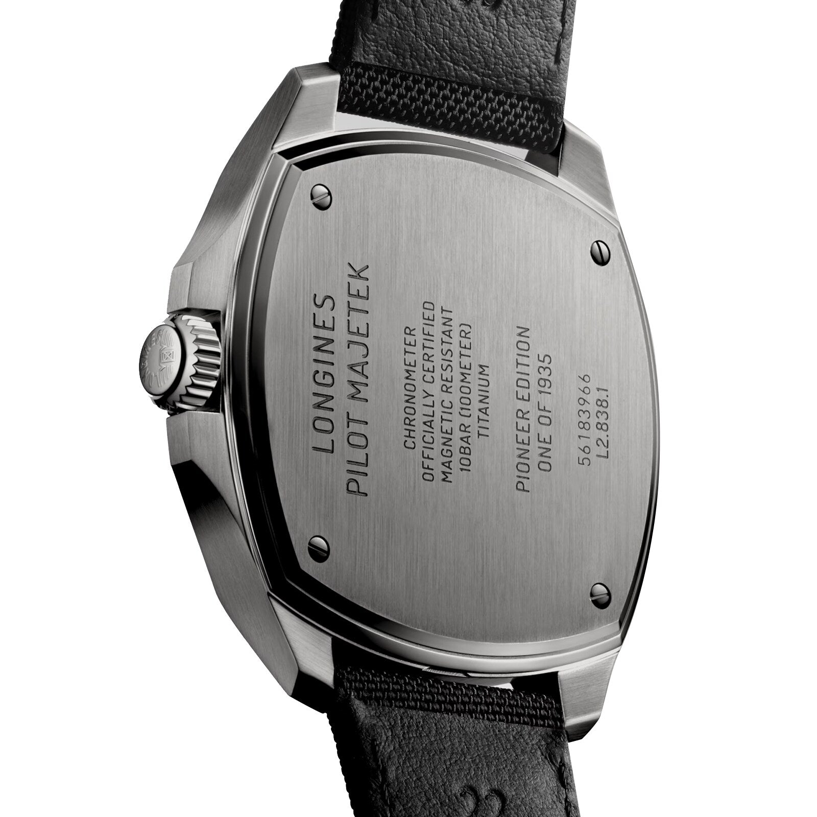 Close-up of the Longines Pilot Majetek Pioneer Edition watch, showcasing engraved details on its Grade 5 titanium case and a black leather strap.