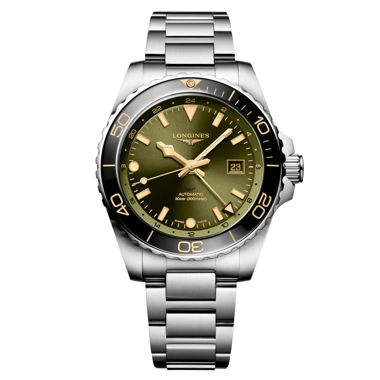 The Longines Hydroconquest is a stainless steel wristwatch featuring an olive green dial, date display at 3 o’clock, unidirectional rotating bezel, and robust water resistance.