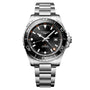 The Longines Hydroconquest is a stainless steel wristwatch featuring a black dial, silver markers, date display, rotating bezel, metal link bracelet, and strong water resistance.