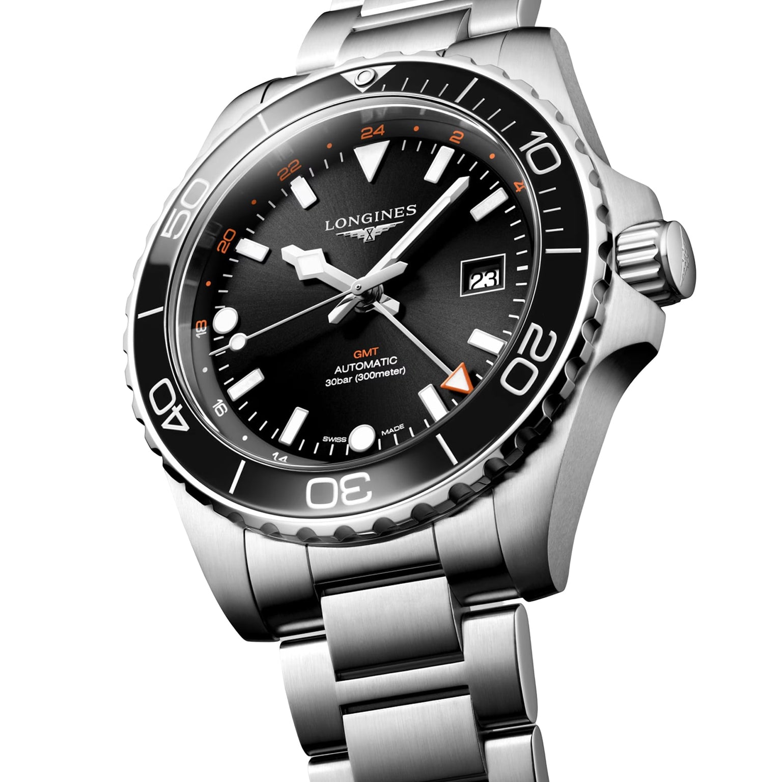 Longines Hydroconquest stainless steel GMT wristwatch featuring a black dial, date display, orange GMT hand, water resistance, and a rotating bezel, shown at an angle.