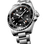 Longines Hydroconquest stainless steel GMT wristwatch featuring a black dial, date display, orange GMT hand, water resistance, and a rotating bezel, shown at an angle.
