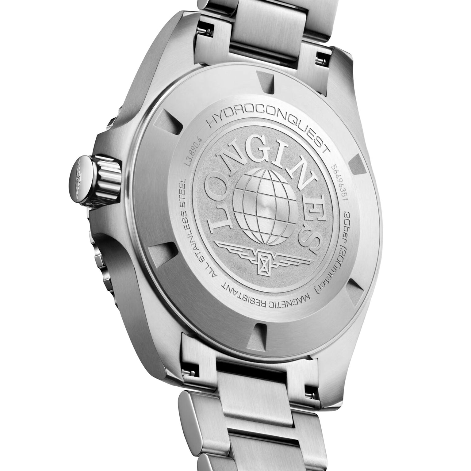Back view of the Longines Hydroconquest watch in stainless steel, featuring an engraved logo, a globe motif, and inscriptions indicating its water and magnetic resistance.