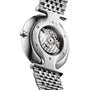 The image displays the back of a Longines La Grande Classique de LONGINES stainless steel watch, featuring its visible mechanical movement through a transparent case back—a true mark of classic sophistication.