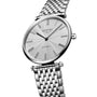 The Longines La Grande Classique de LONGINES features a silver metal link band and a white dial with Roman numeral markers.