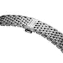 Close-up of a stainless steel La Grande Classique de LONGINES watch bracelet with a polished clasp engraved with Longines and its winged hourglass logo, reflecting timeless elegance.