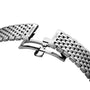 Close-up of a stainless steel bracelet with a partially open butterfly clasp, engraved with the Longines name—a detail highlighting the timeless elegance of La Grande Classique de LONGINES.
