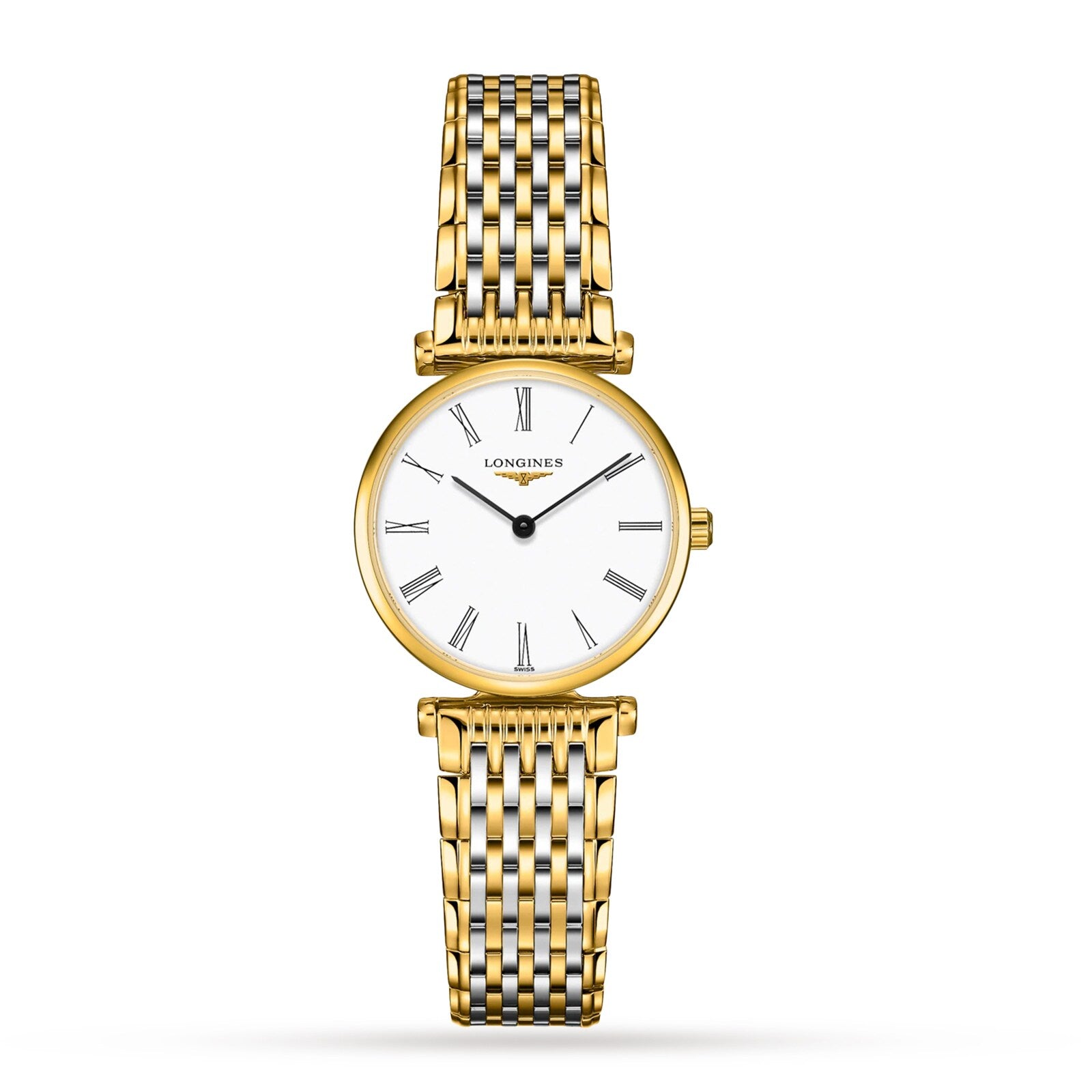 The Longines La Grande Classique de LONGINES features a gold link bracelet, white round dial, Roman numerals, and black hands, offering timeless elegance and sophistication against a white background.