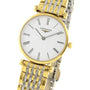 The La Grande Classique de LONGINES by Longines features a gold and silver wristband, a white dial, and black Roman numeral markers.