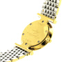 Back view of the Longines La Grande Classique de LONGINES gold and silver wristwatch with metal link band, engraved serial numbers, brand name inscription, and refined elegance powered by its quartz calibre movement.