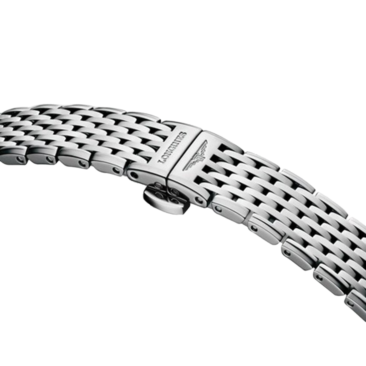 A close-up of a stainless steel La Grande Classique de LONGINES bracelet with a deployment clasp engraved with the Longines logo, showcasing its timeless elegance.