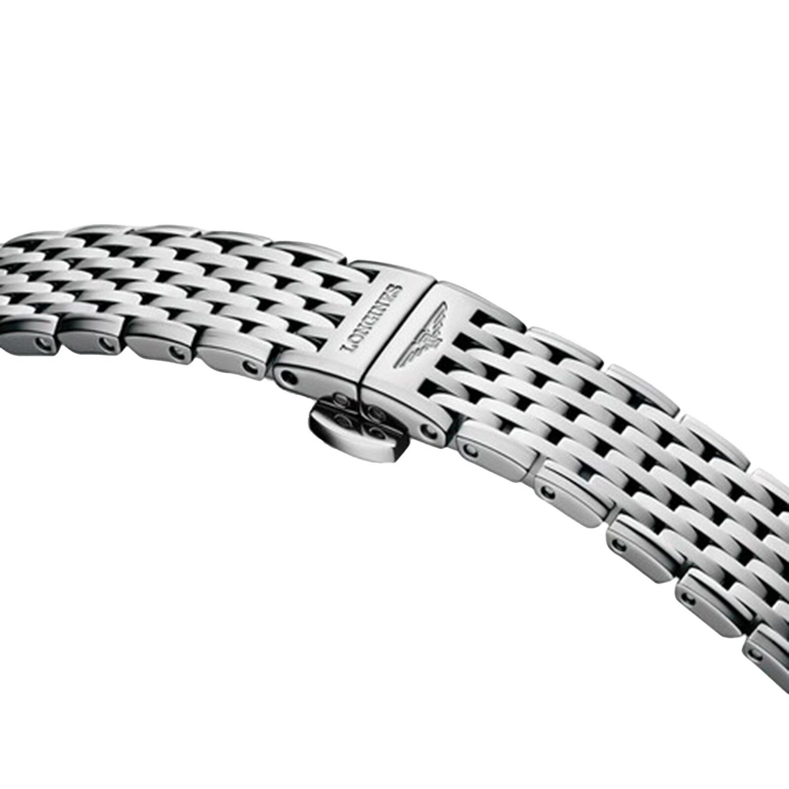 A close-up of a stainless steel La Grande Classique de LONGINES bracelet with a deployment clasp engraved with the Longines logo, showcasing its timeless elegance.