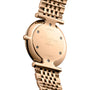 Close-up of the back of a gold Longines La Grande Classique de LONGINES wristwatch engraved with model numbers.