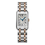 The Longines Dolcevite is a rectangular silver and rose gold wristwatch featuring Roman numerals and a two-tone metal bracelet.
