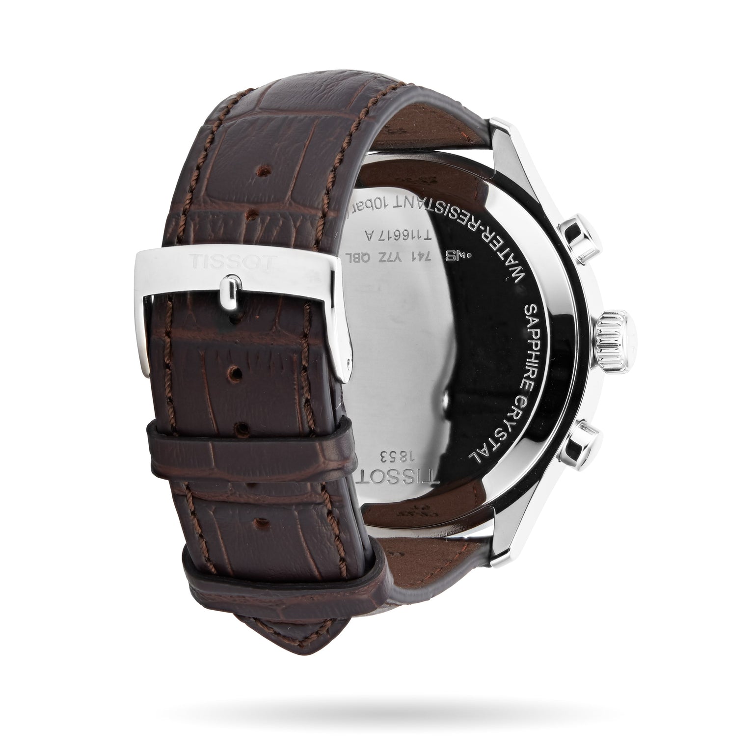 Back view of the Tissot Chrono XL Classic featuring a brown leather strap, stainless steel buckle, and engraved silver case back—ideal for luxury watch enthusiasts.