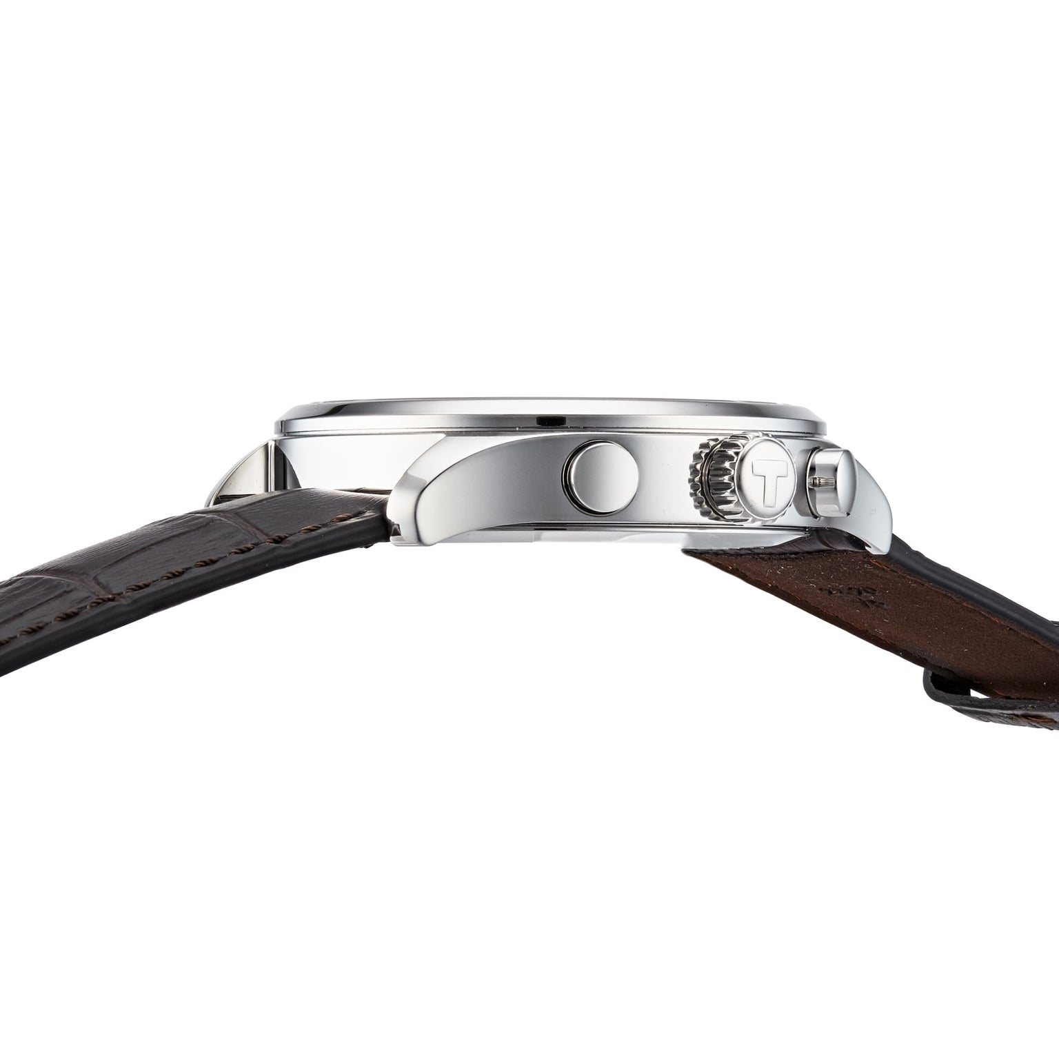 Side view of the Tissot Chrono XL Classic, a luxury watch featuring a silver case, round pushers, engraved crown, and a dark brown leather strap.