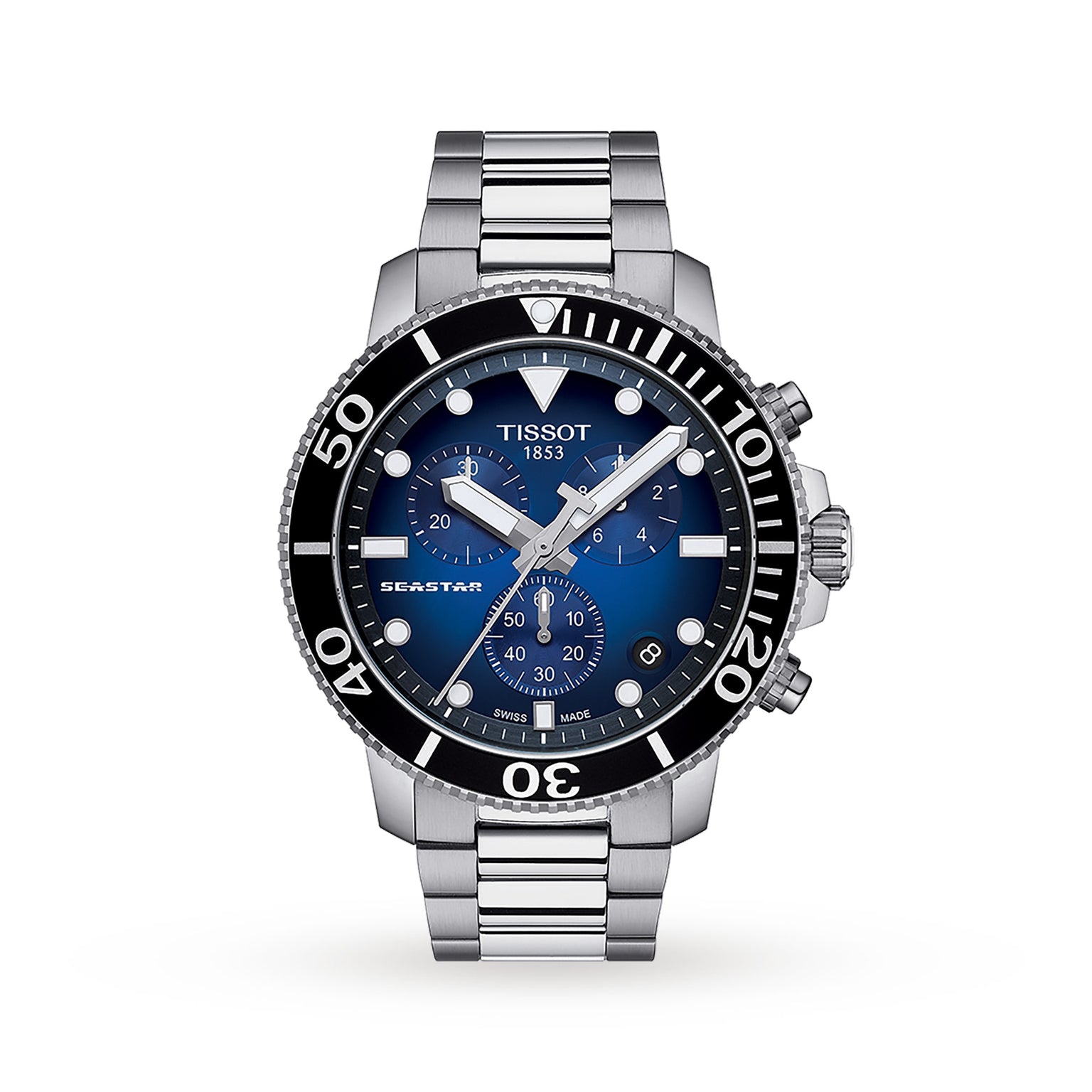The Tissot Seastar 1000 Chronograph features a 45.5mm stainless steel case, blue dial, black bezel, three subdials, date window, and silver bracelet—designed for style and deep-sea exploration.
