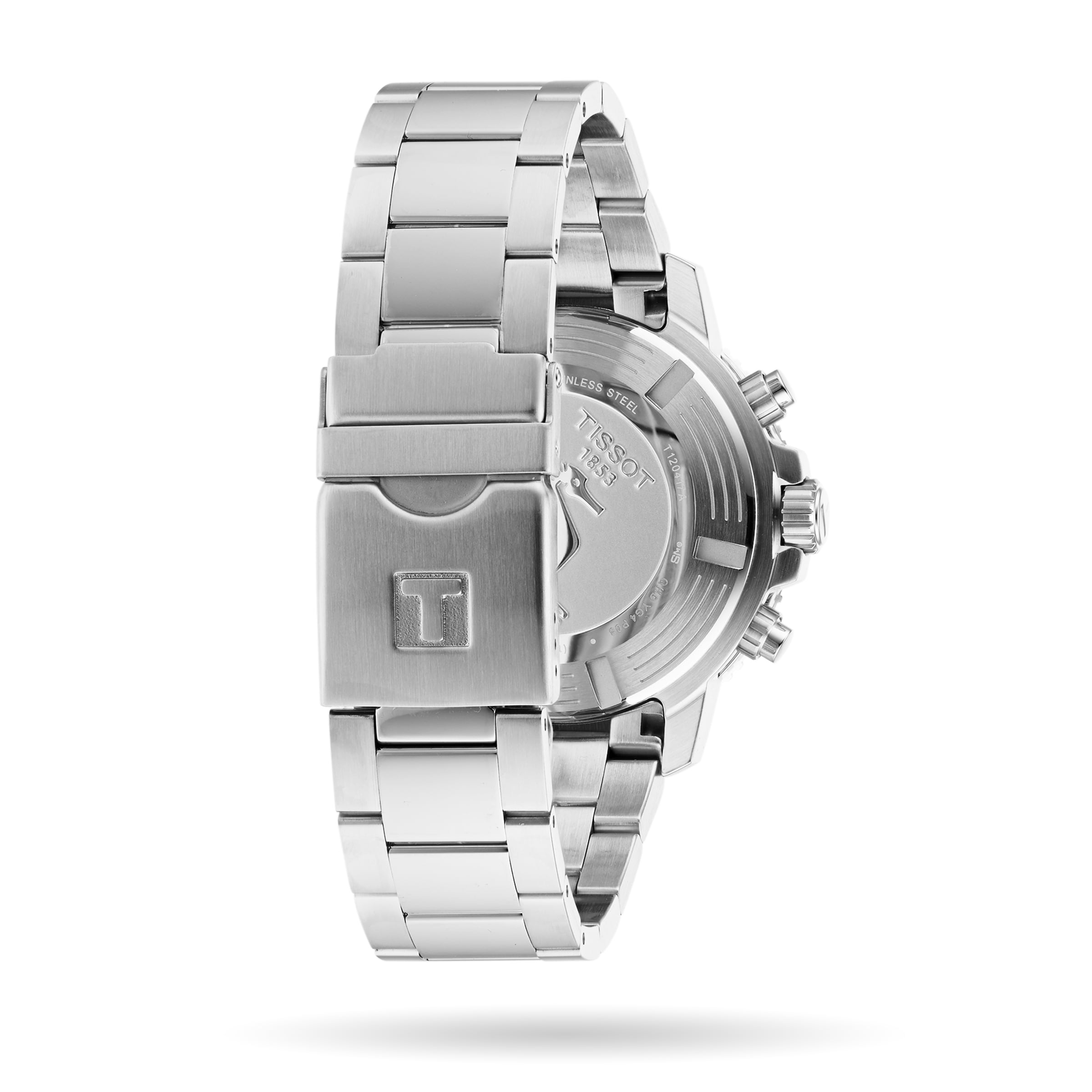 The Tissot Seastar 1000 Chronograph is shown from the back, highlighting its engraved clasp and case back on a durable stainless steel bracelet—ideal for deep sea exploration with its robust 45.5mm case.