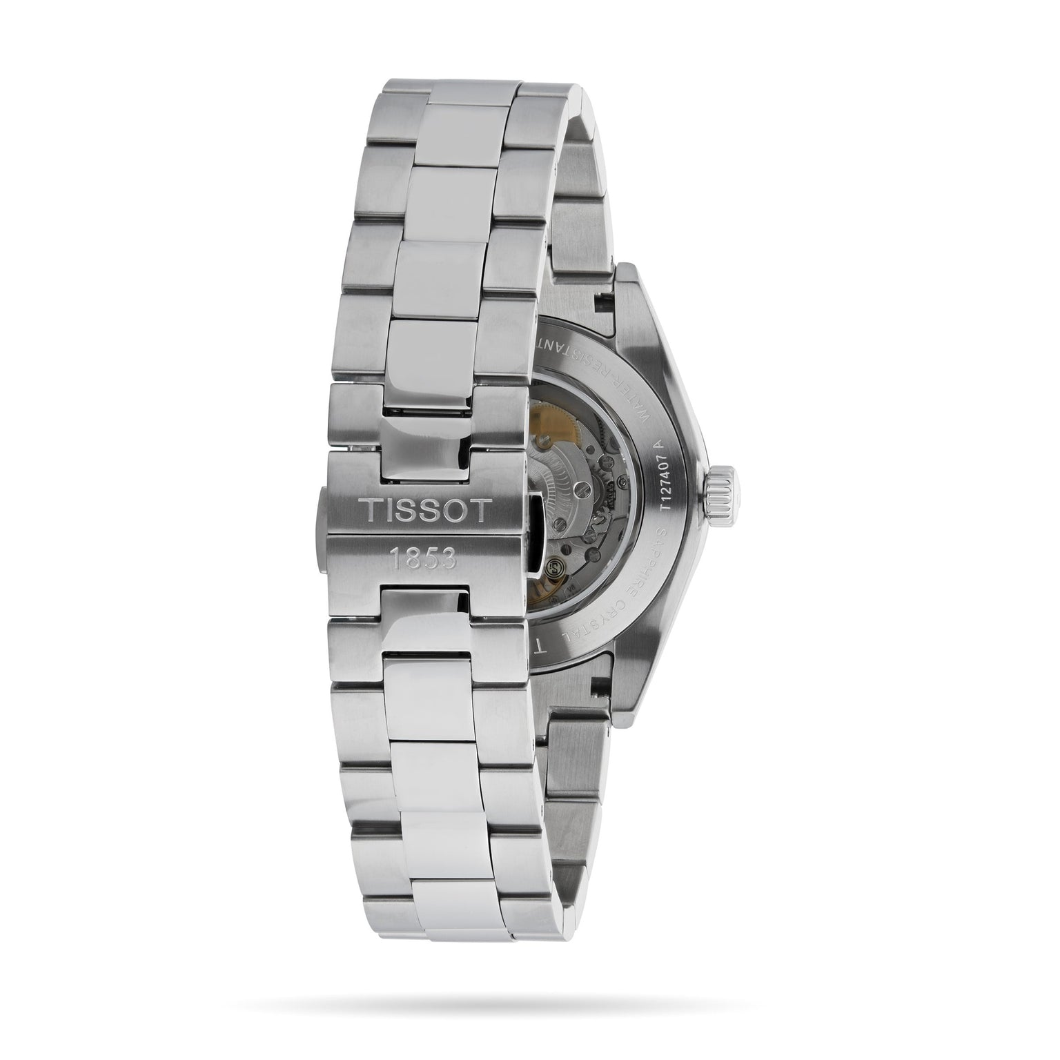 Back view of the Tissot Gentleman Powermatic 80 Silicium, featuring a stainless steel case, engraved bracelet, and transparent case back displaying its Powermatic 80 movement.