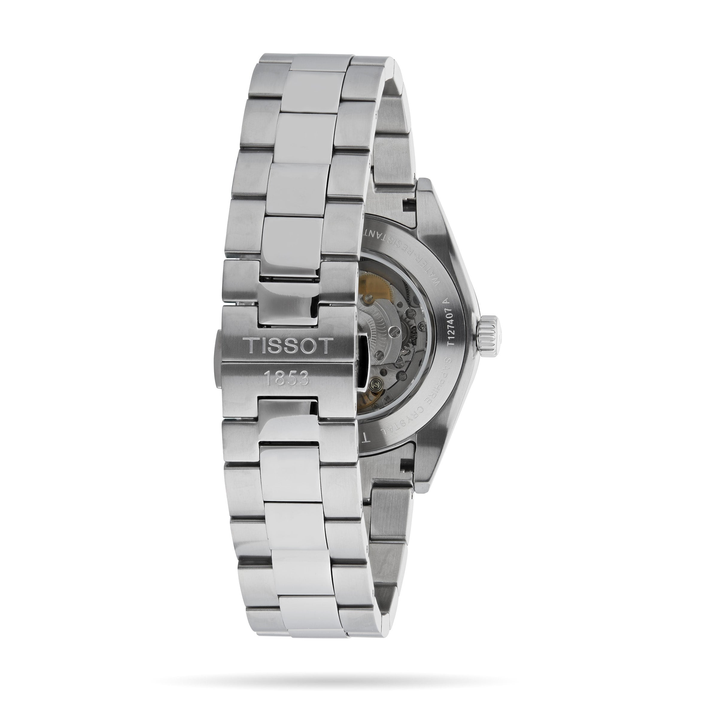 Back view of the Tissot Gentleman Powermatic 80 Silicium, featuring a stainless steel case, engraved bracelet, and transparent case back displaying its Powermatic 80 movement.