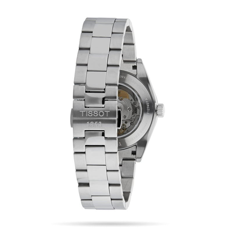 Back view of the Tissot Gentleman Powermatic 80 Silicium, featuring a stainless steel case, engraved bracelet, and transparent case back displaying its Powermatic 80 movement.