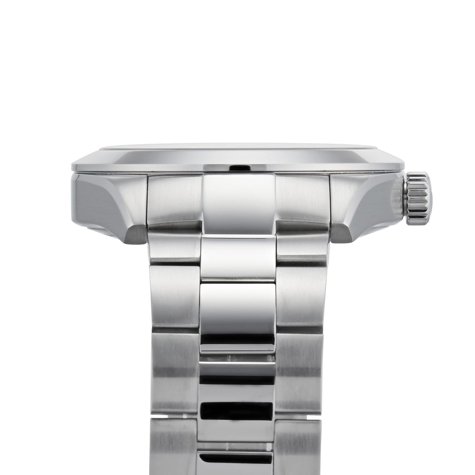 Close-up side view of the Tissot Gentleman Powermatic 80 Silicium, showcasing a stainless steel case with a linked bracelet band and the crown positioned on the right.