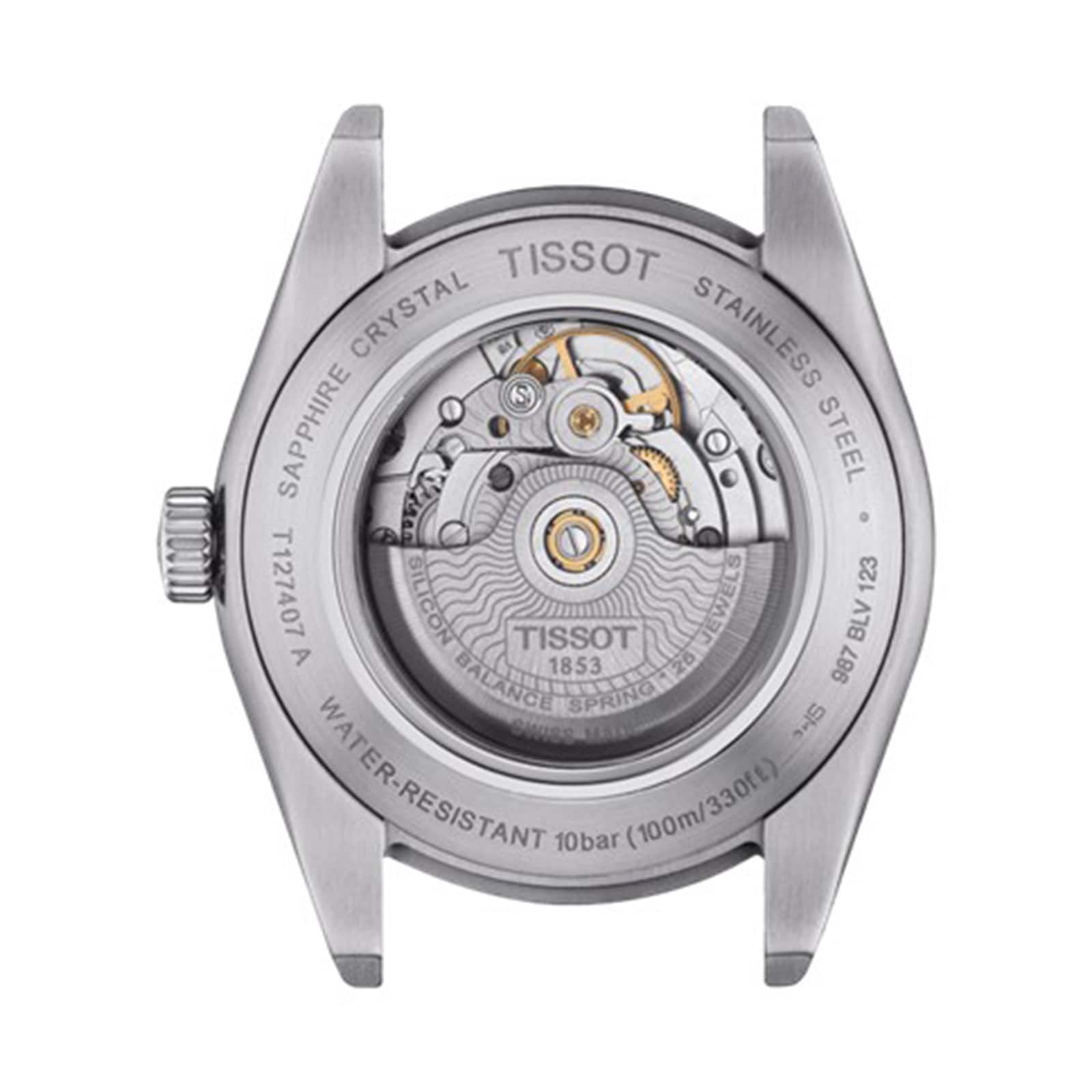 Back view of the Tissot Gentleman Powermatic 80 Silicium reveals its automatic movement through a transparent sapphire crystal case back in a stainless steel case.