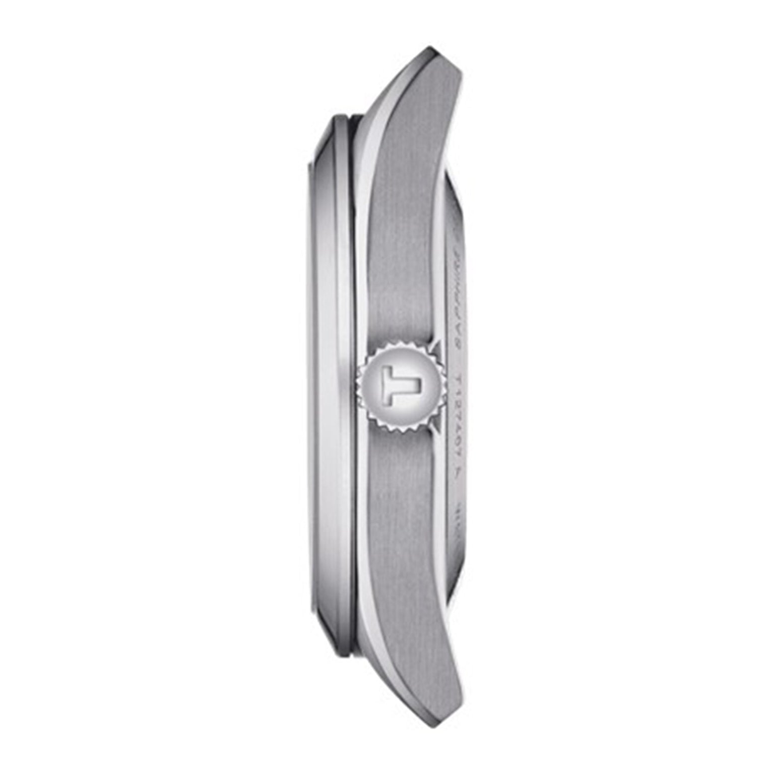 Side view of the Tissot Gentleman Powermatic 80 Silicium stainless steel case with a T-logo crown, shown on a white background.
