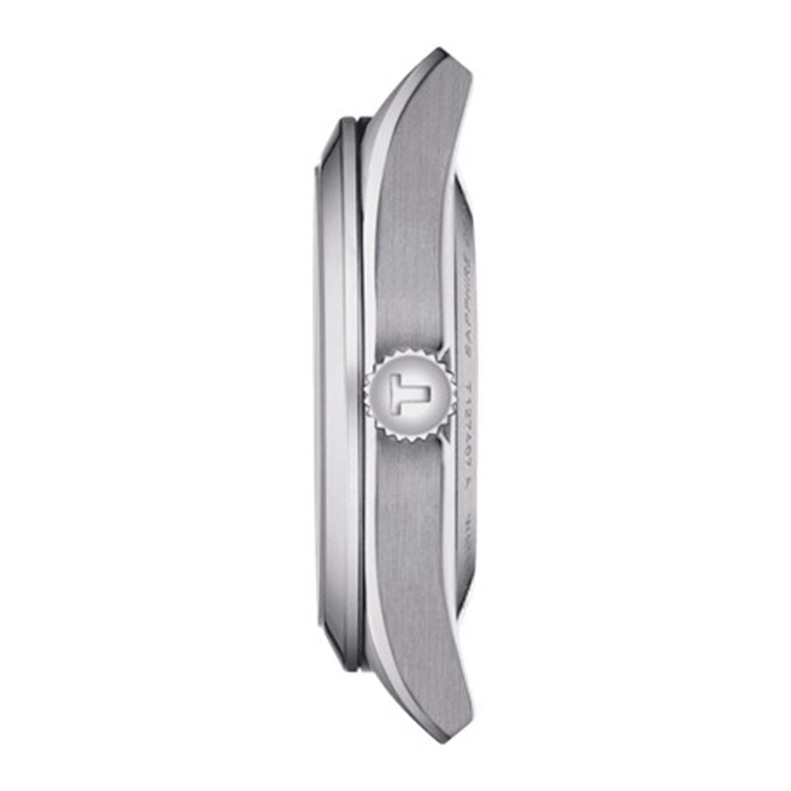 Side view of the Tissot Gentleman Powermatic 80 Silicium stainless steel case with a T-logo crown, shown on a white background.