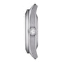 Side view of the Tissot Gentleman Powermatic 80 Silicium stainless steel case with a T-logo crown, shown on a white background.