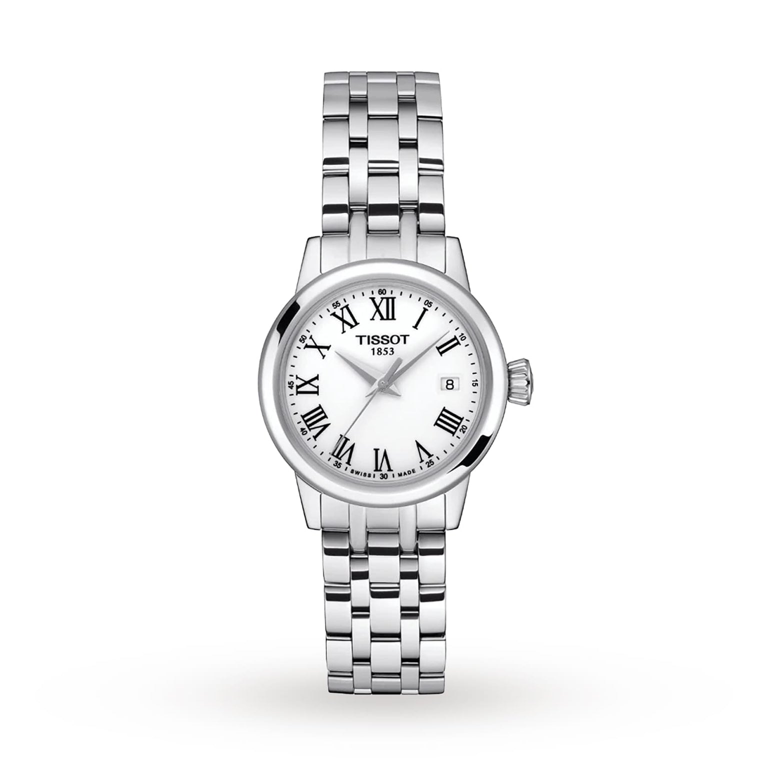 The Tissot Classic Dream features a silver-tone metal link band, white dial with Roman numerals, date window at 3 oclock, and precise Swiss quartz movement—an elegant timepiece blending luxury and style.