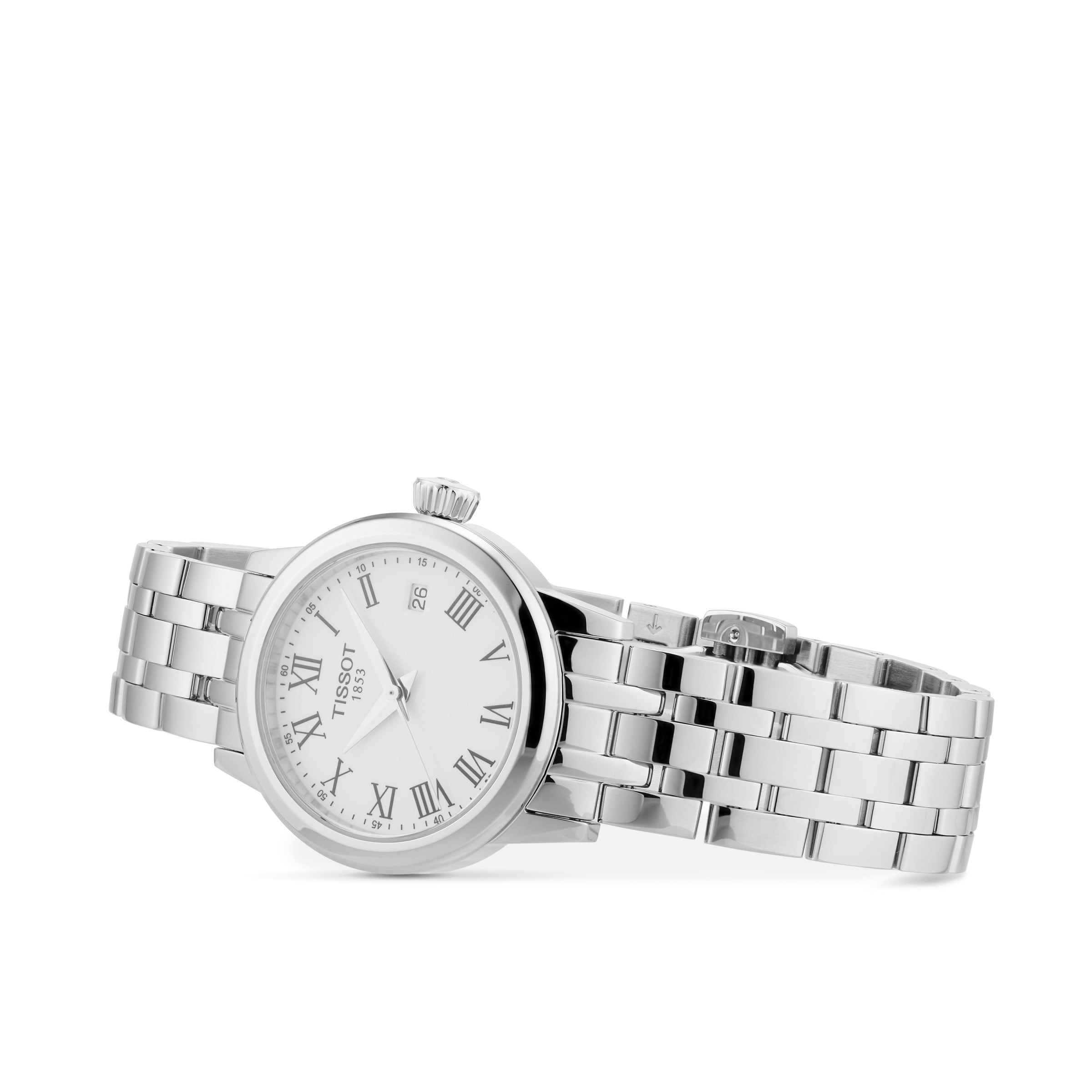 The Tissot Classic Dream, a silver wristwatch with metal link band, white dial, Roman numeral hour markers, and date window, is artfully angled on a white background—an elegant showcase of Swiss quartz style.