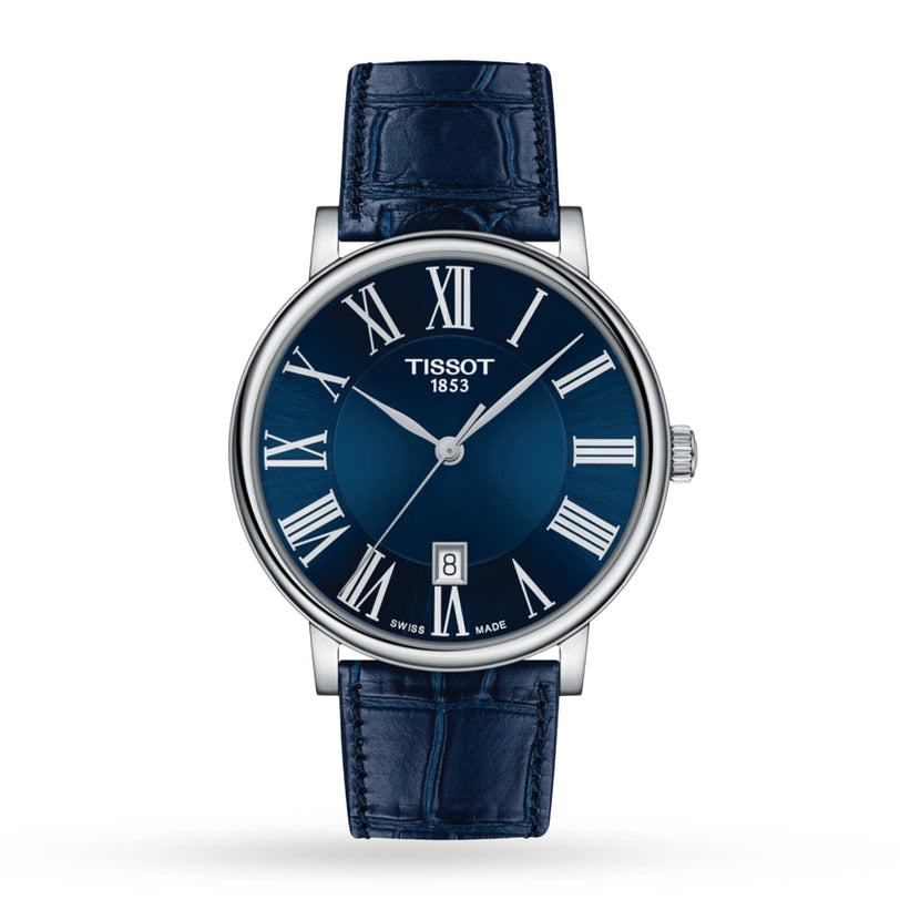 The Tissot Carson Premium wristwatch features a blue leather strap, blue dial with white Roman numerals, silver casing, sapphire crystal glass, and a date display at 6 o’clock.