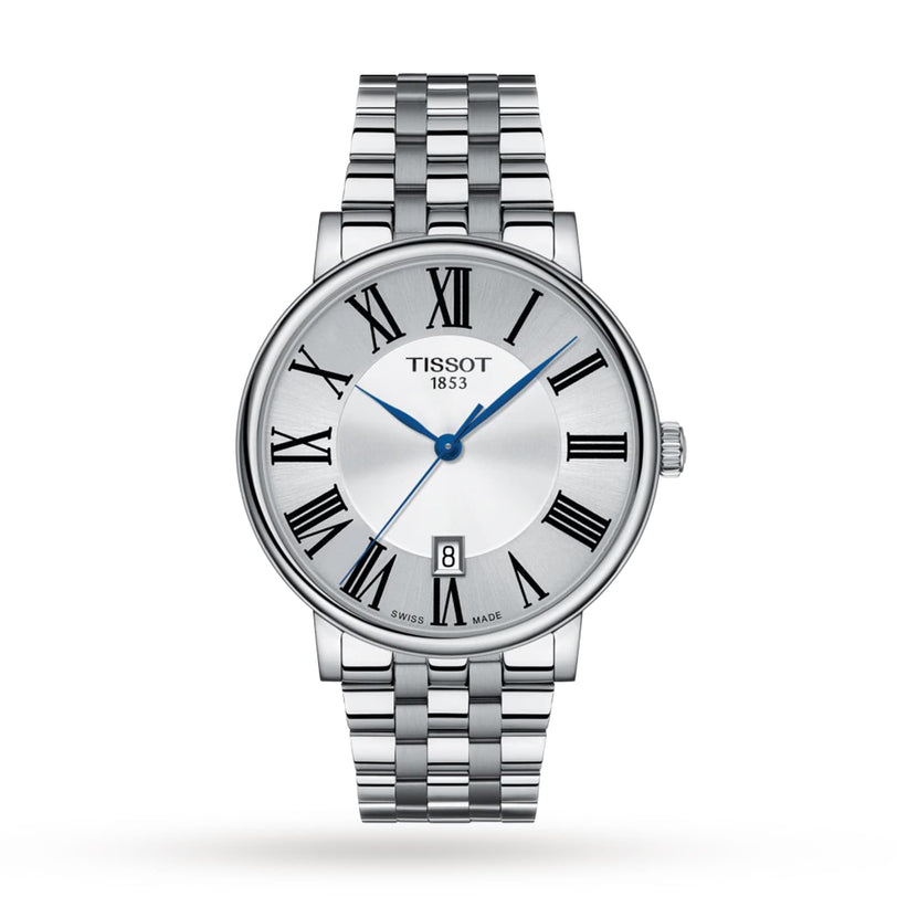 The Tissot Carson Premium is a silver wristwatch with a metal bracelet, Roman numeral markers, blue hands, and a date window at 6 o’clock, offering quartz precision on a white dial—an elegant choice in luxury timepieces.