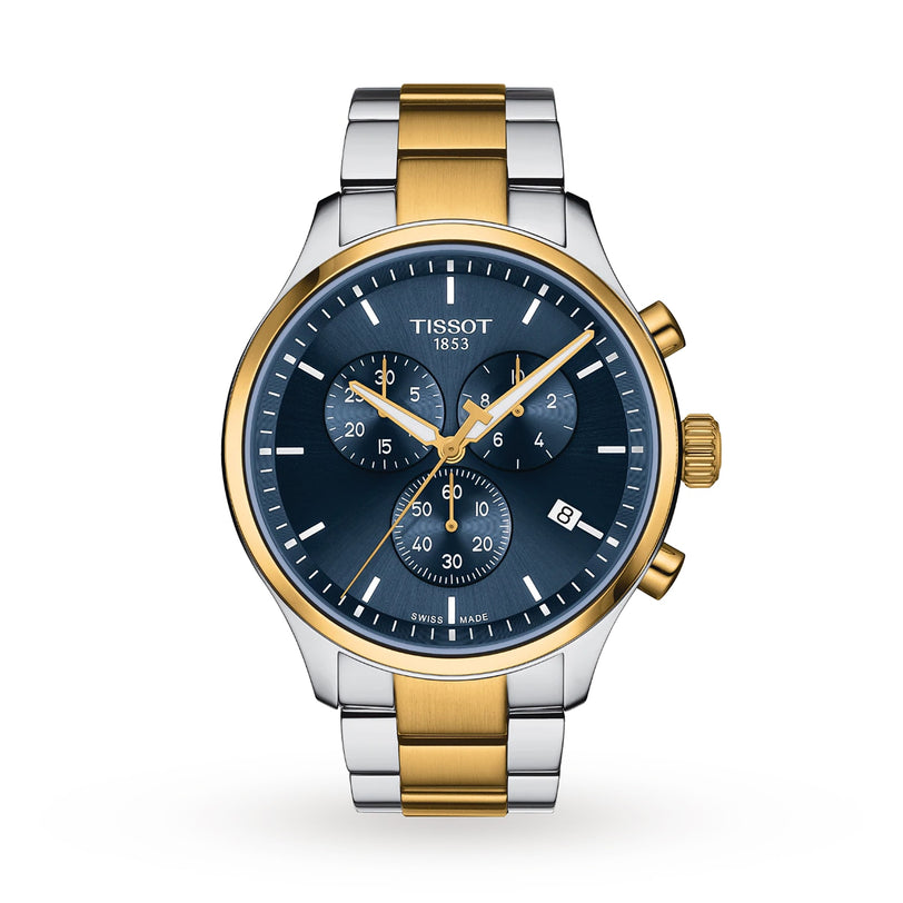 The Tissot Chrono XL Classic features a blue dial, gold and silver metal band, gold crown and pushers, three subdials, and a date window at 4 o’clock—ideal for fans of sporty yet elegant timepieces.