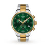 The Tissot Chrono XL Classic features a green dial, gold and silver stainless steel band, water-resistant stainless steel case, three subdials, and a date display.