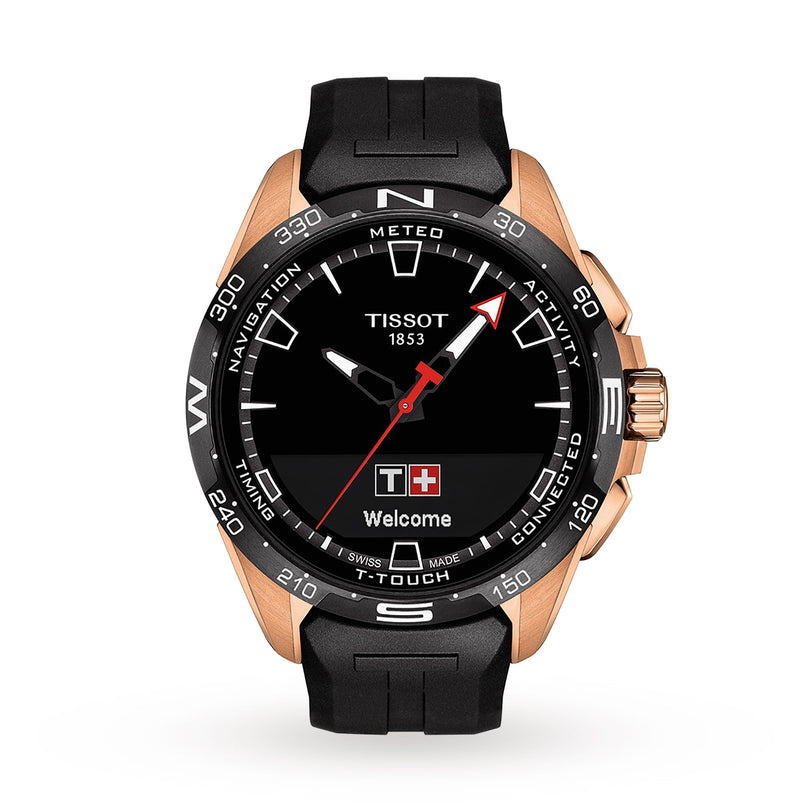 A Tissot T-Touch Connect Solar watch featuring a black dial, rose gold antimagnetic titanium case, and black rubber strap, with multiple digital functions shown on its display and the word Welcome visible.
