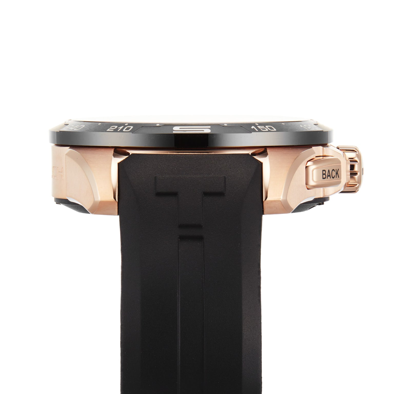 Side view of the Tissot T-Touch Connect Solar, featuring a gold antimagnetic titanium case, black bezel, black rubber strap, and a side button labeled BACK.